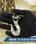 Gloved hand holding 1/4 Inch Forged Clevis Grab Hook Grade 70 Set That Delivers 14,400 Lbs Breaking Strength for trailers.
