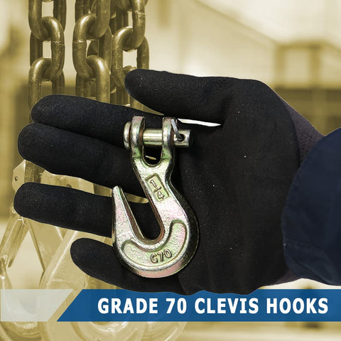 Gloved hand holding 1/4 Inch Forged Clevis Grab Hook Grade 70 Set That Delivers 14,400 Lbs Breaking Strength for trailers.