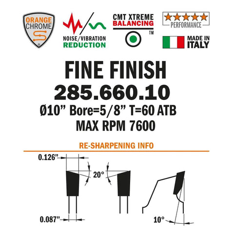 Specifications of Fine Finishing Saw Blade for Miter and Table Saws with Premium Steel Body and Laser Cut Heat Expansion Slots.