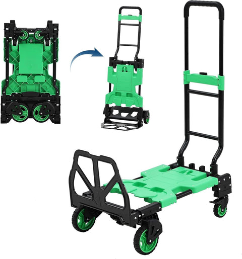 2-in-1 folding hand truck with foldable green basket, retractable handle, and four wheels.
