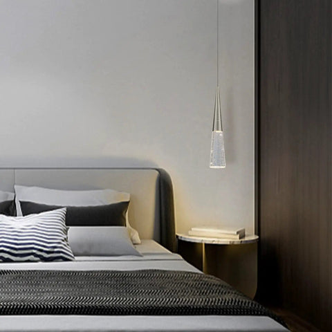 Bedroom scene with Dope Modern Crystal Pendant Light In Brushed Nickel, Mini Hanging Fixture, next to bed, sleek contemporary glow