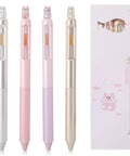 Four Cute Retractable Gel Pens With Glitter Cat Design, 0.5mm Fine Point Black Ink in pastel pink, purple, and gold with box