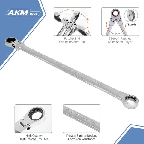 Flex Head Ratcheting Wrench Set 8 To 22 Mm Metric, 72 Tooth shown with 180-degree flex head and 72-tooth ratchet gear details