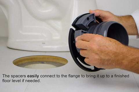 Hands installing No Wax 4 Inch Toilet Flange Repair Kit With Spacer, Offset Bolts And Seal Gauge on a bathroom floor