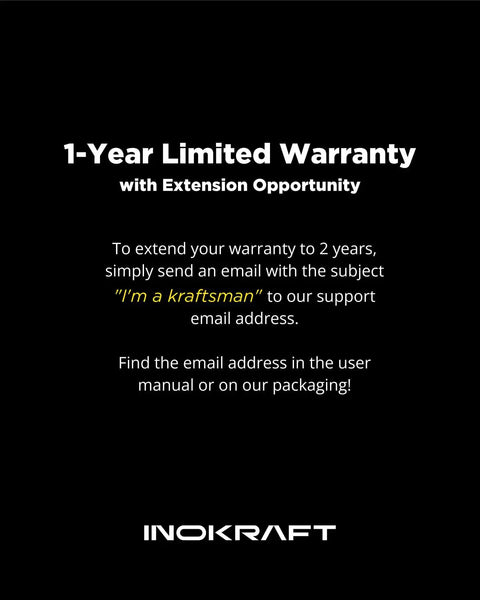 1-Year limited warranty information for INOKRAFT products with extension opportunity details and email instructions.