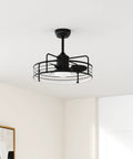 Black caged bladeless ceiling fan with light remote control reversible and dimmable LED ring mounted on white ceiling