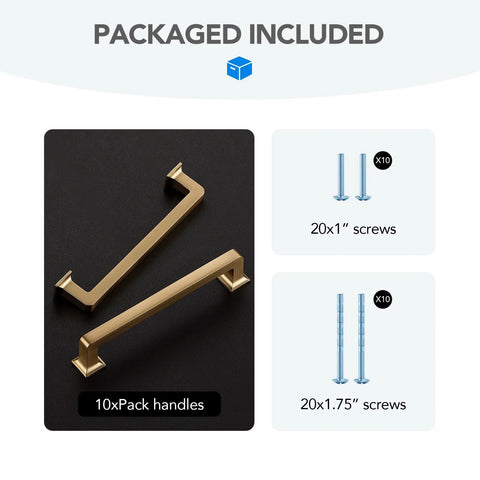 10 Pack 5 Inch Champagne Bronze Cabinet Handles with screws, shown on black surface, made from solid zinc alloy for durable finish and smooth grip.
