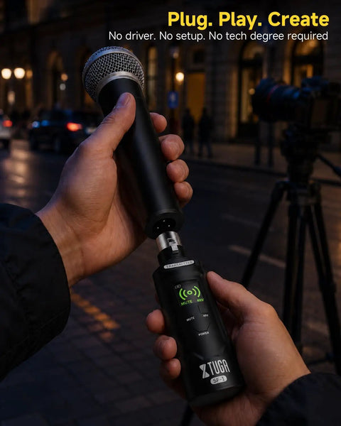 Hands holding 2.4GHz Wireless XLR Transmitter and Receiver Set For Live Shows And Studio Use, Plug And Play For Stage Performances.