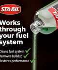 Kickstart Your Rig Small Engine Fuel Treatment And Carb Cleaner pouring from bottle, clear liquid, effective for fuel system cleaning.