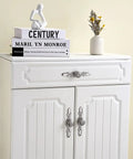 White cabinet with Round Drawer Pulls With Backplates Ten Pack One And One Quarter Inch Knob And Five And Four Fifths Inch Plate Silver Brushed Nickel