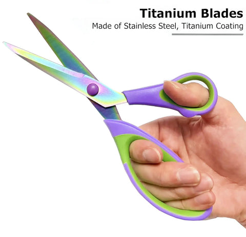 All Purpose Heavy Duty Scissors Three Pack With 5.5 Inch 8.3 Inch And 9.5 Inch Blades Premium Stainless Steel Sharp Blades Ergonomic Non Slip Grips Ideal For Paper Fabric And Arts And Crafts Left Hand Friendly titanium-coated scissors held in hand