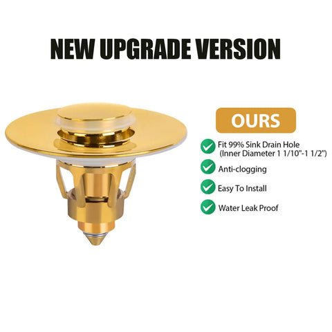 Heavy Duty Bathroom Sink Stopper With Smooth Push Pop Up Drain Plug And Rust Resistant Stainless Steel Strainer That Works Like A Dream To Kick Drain Clogs To The Curb Gold Finish Fits Us Standard Basin Openings