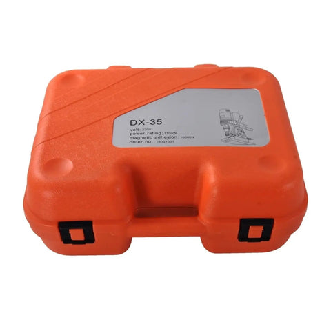 Rock Solid Magnetic Base Drill And Tapper With 1100 Watt Motor, 10 To 35 Mm Range in a sturdy orange protective case.