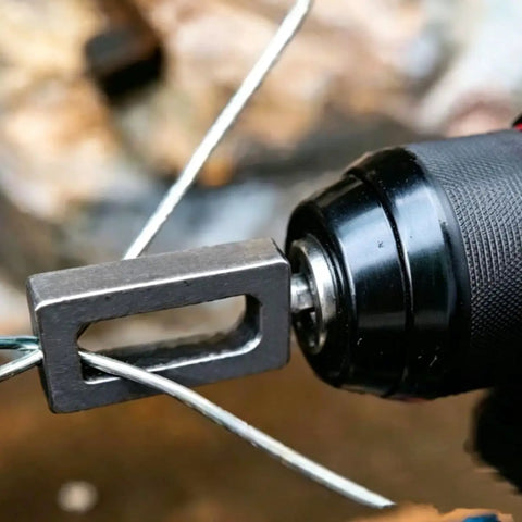 Close-up of 2 Pack Heavy Duty Electric Drill Wire Twister with 1/4 Inch Hex Shank in use on wire, showcasing the durable steel materials.