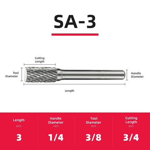 Solid Carbide Rotary Burr File SA3 Cylindrical Double Cut For Die Grinder Bits with dimensions and measurements