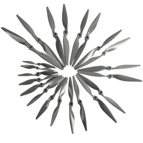2 Vane Direct Drive Nylon RC Propeller Set in Gray with Adapter Rings for Airplanes Drones Gliders, shown in various sizes