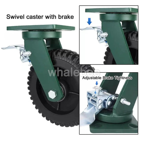 Heavy Duty Caster Wheels Set Of 4 Solid Rubber Industrial Swivel Casters With Locking Brakes showing adjustable brake mechanism.