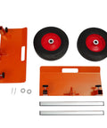 Beefy Heavy Duty Panel Dolly For All Terrain Use With 2 Wheel Slab Design And 10 Inch Solid Wheels, Supports Up To 1100 Lbs, Built Tough For Easy Mobility And Scratch Resistant Iron Construction. Orange iron panel dolly with 10-inch solid wheels and mounting hardware