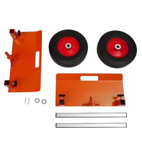 Beefy Heavy Duty Panel Dolly For All Terrain Use With 2 Wheel Slab Design And 10 Inch Solid Wheels, Supports Up To 1100 Lbs, Built Tough For Easy Mobility And Scratch Resistant Iron Construction. Orange iron panel dolly with 10-inch solid wheels and mounting hardware