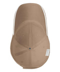 Top view of I Hate Pulling Out Funny Camper RV Camping Trailer Cap, beige colored, breathable lightweight polyester, showing tag.