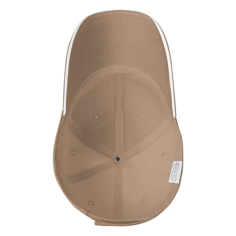 Top view of I Hate Pulling Out Funny Camper RV Camping Trailer Cap, beige colored, breathable lightweight polyester, showing tag.