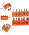 Get Your Hands On A Sweet Set Of 14 Torx Bits, Each One Measuring Precisely 25mm For All Your Electric Screwdriver Needs. Made From Tough Alloy Steel So You Can Tackle Any Repairs Without Worrying About Wear And Tear. Perfect For Tech Geeks, Mechanics, T5-T40 25mm alloy steel Torx bit set in orange holder for electric screwdriver repairs