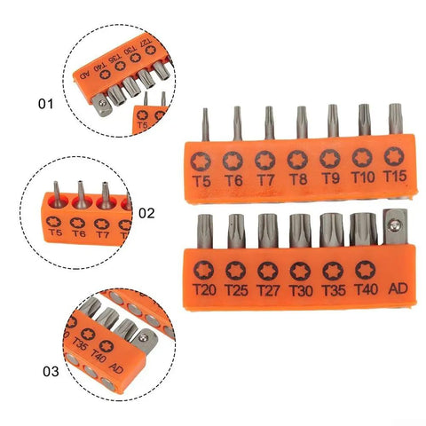 Get Your Hands On A Sweet Set Of 14 Torx Bits, Each One Measuring Precisely 25mm For All Your Electric Screwdriver Needs. Made From Tough Alloy Steel So You Can Tackle Any Repairs Without Worrying About Wear And Tear. Perfect For Tech Geeks, Mechanics, T5-T40 25mm alloy steel Torx bit set in orange holder for electric screwdriver repairs