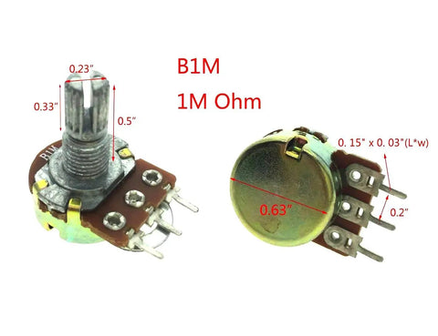 Five Pack 1M Ohm Rotary Potentiometers Top Adjustment 3 Pin With Single Linear Taper Knurled 6mm Shaft 7mm Mounting Hole