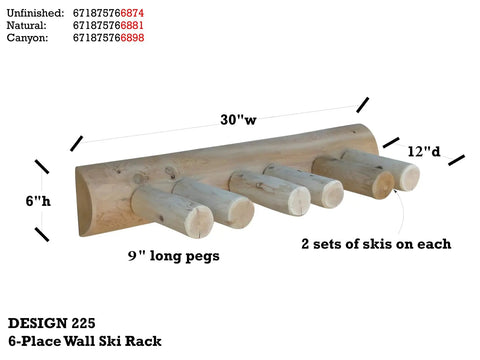 Built Tough Game Changing Heavy Duty Solid Wood Log Style Wall Mount Ski Rack Holds Six Pairs Of Skis And Poles Indoor Garage Wall Space Saver Organizer Rack Natural Finish showing dimensions and peg details.