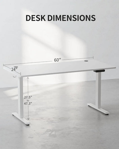 Rock Solid 60 X 24 Inch Electric Adjustable Standing Desk Featuring Smooth Motor Lift And Seamless One Piece Desktop For Heavy Duty Home Office Workspaces Designed For Maximum Comfort And Zero Hassle showing desk dimensions.