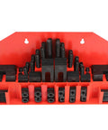 58 Piece Heavy Duty T Slot Clamp Kit With Stepped Press Plates For Lathe Milling Machine And CNC, organized in a red storage rack.