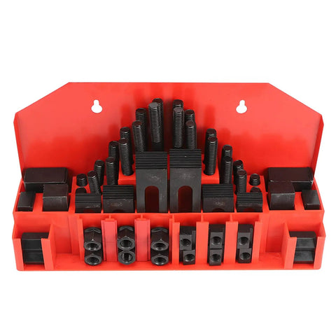 58 Piece Heavy Duty T Slot Clamp Kit With Stepped Press Plates For Lathe Milling Machine And CNC, organized in a red storage rack.