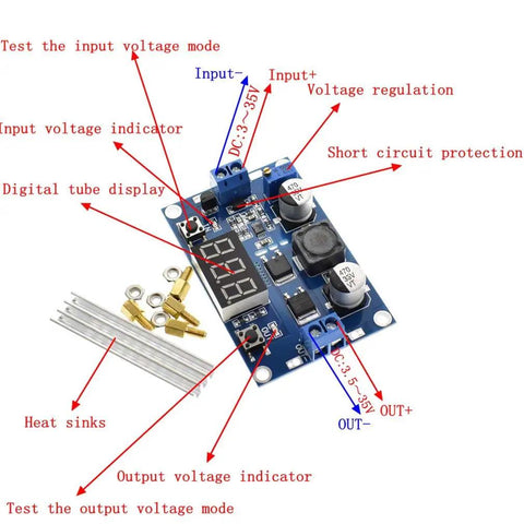 DC DC Step Up Booster Converter 3 To 35V Input And 3.5 To 35V Output with LED Voltmeter, digital display, heat sinks