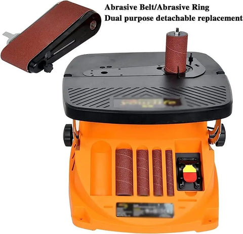 Heavy Duty Rugged 450W Electric Disc Sander And Belt Grinder With Broad Multi Angle Table showing abrasive belt and rings.