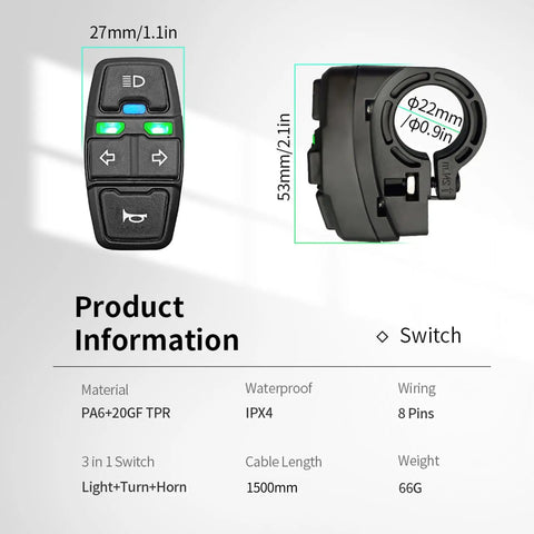 Plug In Ebike Light Kit With Front Headlight And Built In Horn, Rear Taillight, DK336 Switch dimensions and specifications