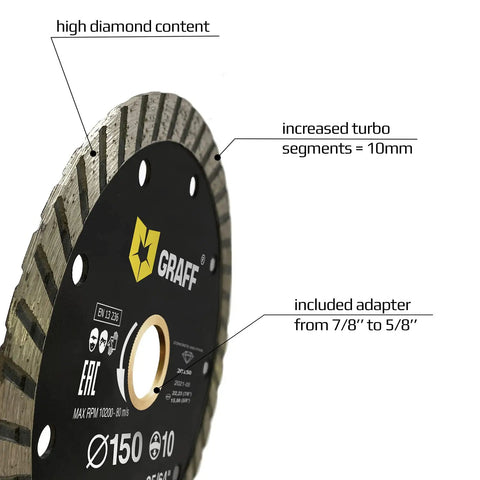 Side angle of 6 Inch Diamond Blade For Angle Grinder Turbo Cut Wheel For Cutting Stone Marble Granite Brick Masonry Concrete Paving Flags Curb Durable High Performance DIY Ready Heavy Duty Tool, showing high diamond content and turbo segments.