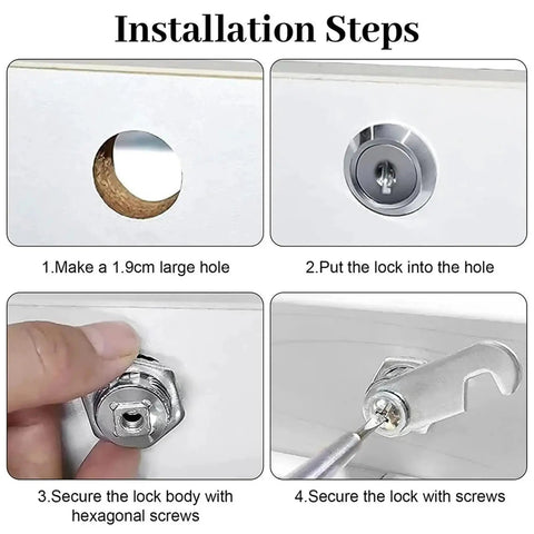 Installation steps for Six Sets Cam Lock Set For Cabinets With Two Keys And Four Lock Plates Fits Sixteen To Thirty Mm Glass Panels