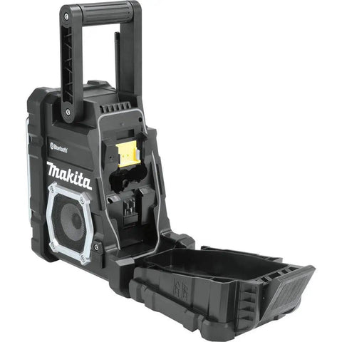 18V LXT Cordless Bluetooth Job Site Radio with FM Stereo Clock and Snooze Menu, featuring rugged construction and open battery compartment