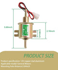 Heavy Duty Low Pressure Fuel Pump For Trucks And Cars 12 Volt Piston showing dimensions and copper clad aluminum body.