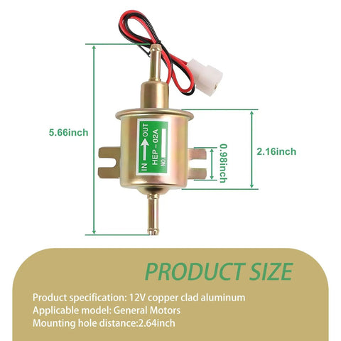 Heavy Duty Low Pressure Fuel Pump For Trucks And Cars 12 Volt Piston showing dimensions and copper clad aluminum body.