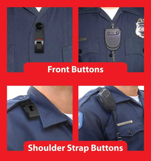 Secure Mic Klip Two Way Radio Microphone Clip For First Responders And Uniforms, mounted on uniform buttons and epaulets