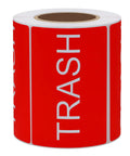 Trash Stickers 300 Pack 3x2 Inch Red Labels With Bold White TRASH For Bins In Home Office And Warehouse Glossy Paper Roll Easy Disposal Reminder Signage, roll view