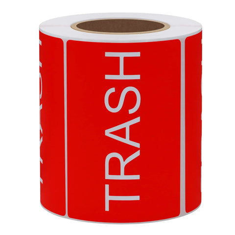 Trash Stickers 300 Pack 3x2 Inch Red Labels With Bold White TRASH For Bins In Home Office And Warehouse Glossy Paper Roll Easy Disposal Reminder Signage, roll view