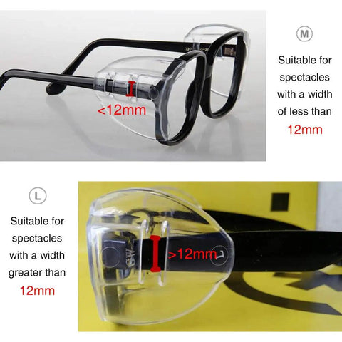 6 Pairs Slip On Eye Glasses Side Shields For Safety Glasses Flexible Clear Universal TPU Protection Fits Small To Large Eyewear Medium And Large Sizes showing medium and large side shields on spectacles