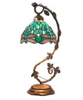 Green Stained Glass Dragonfly Tiffany Style Table Lamp With Metal Leaf Accent, bronze resin base, 8 inch shade, S622 Series
