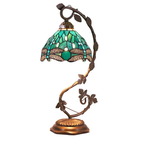 Green Stained Glass Dragonfly Tiffany Style Table Lamp With Metal Leaf Accent, bronze resin base, 8 inch shade, S622 Series
