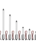Heavy Duty Linear Actuator 10 To 200 Mm Stroke With 96 Newtons Force And 9.5 Millimeters Per Second Speed Reciprocating Motion Aluminum Housing IP54 IP65 Ready Flexible Front And Rear Mounting Options For Tough Industrial Setups, shown in multiple stroke lengths