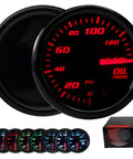 Front view of 52mm oil pressure gauge with red LED backlight, black housing, 0–140 psi; seven color variants shown