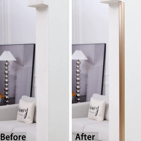 Sharp Matte Gold Peel And Stick Corner Guards shield walls in before and after comparison with heavy duty aluminum L trim.