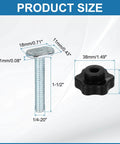 Pro Grade T Track Knob Kit With Four Star Knobs And Four Quarter Inch Twenty Threaded Bolts For Woodworking Jigs And Fixtures Drop In Sliding Bolts Accessories Silver, showing size and dimensions of knob and bolt.